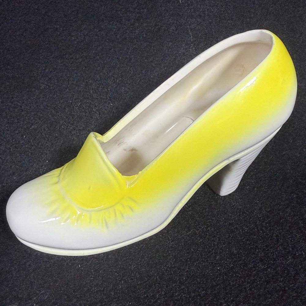 Vintage Yellow White Ceramic High Heel Shoe Figurine Japan Stamped Retro Decor